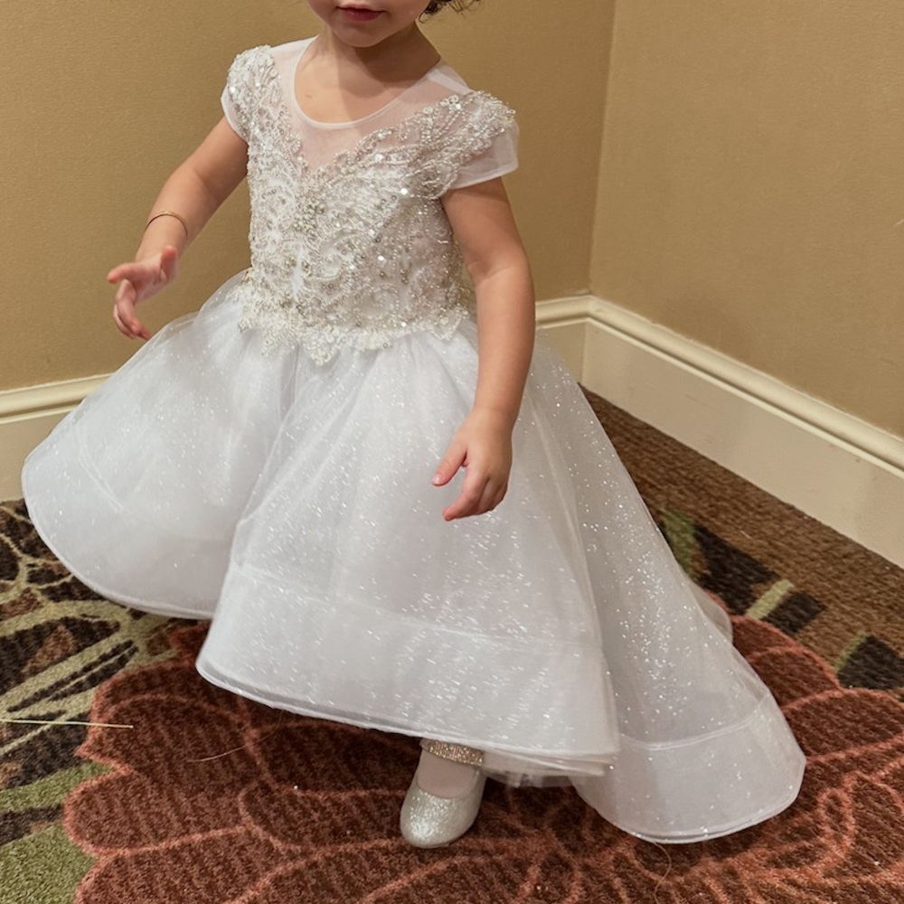 White Sparkle Tulle Flower Girl Dress with Beaded Bodice